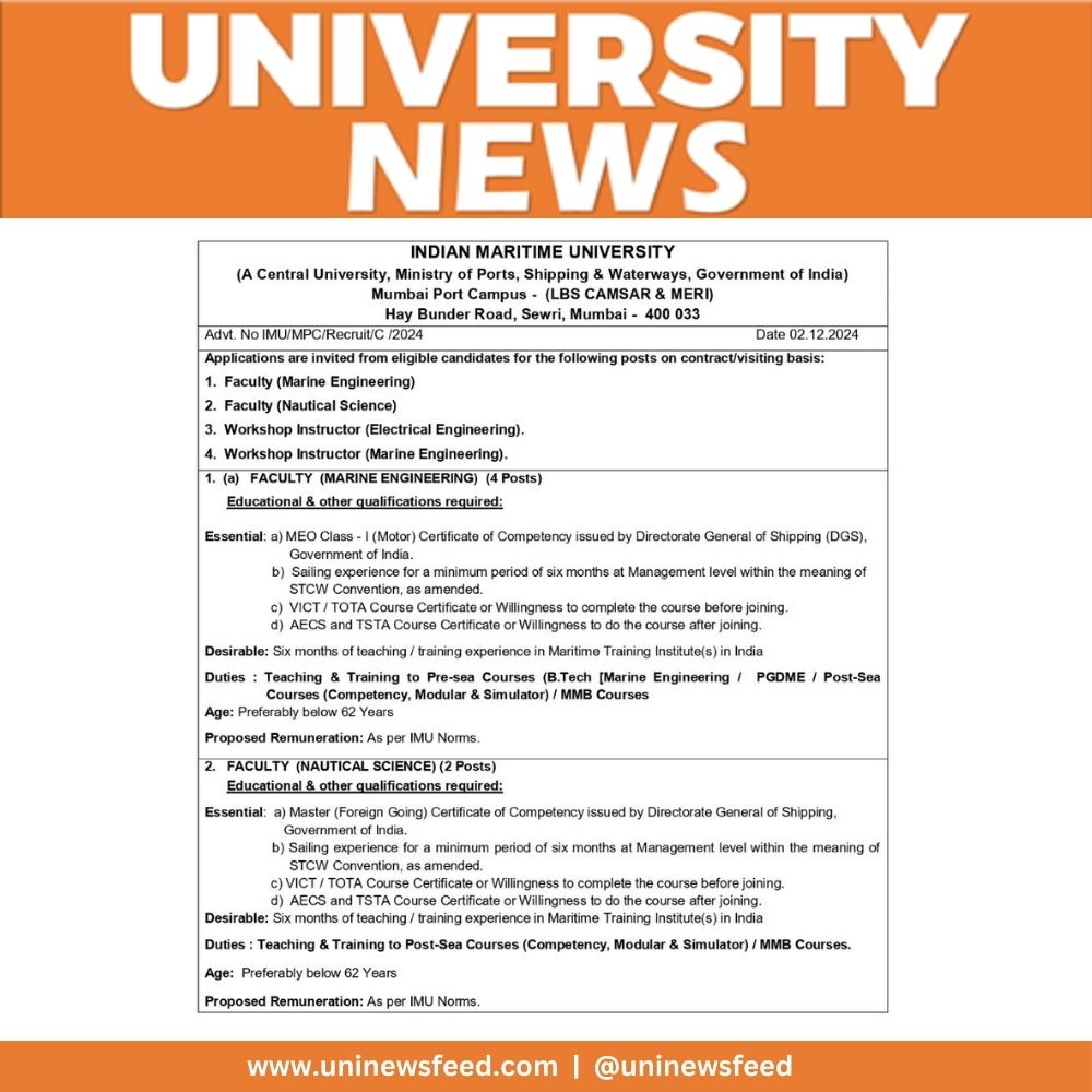 Indian Maritime University recruitment, IMU Mumbai jobs, Marine Engineering faculty positions, Nautical Science teaching jobs, Workshop Instructor vacancies, IMU faculty jobs, Maritime education careers, Electrical Engineering instructor jobs, Marine Engineering instructor positions, IMU faculty recruitment 2024