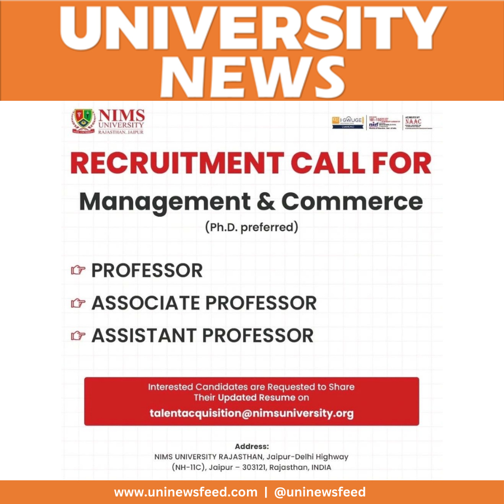 NIMS University recruitment, NIMS University faculty positions, Management and Commerce jobs, Professor vacancy Rajasthan, Associate Professor job, Assistant Professor job, teaching jobs in Rajasthan, academic recruitment, Ph.D. faculty positions, NIMS Jaipur careers, university teaching jobs