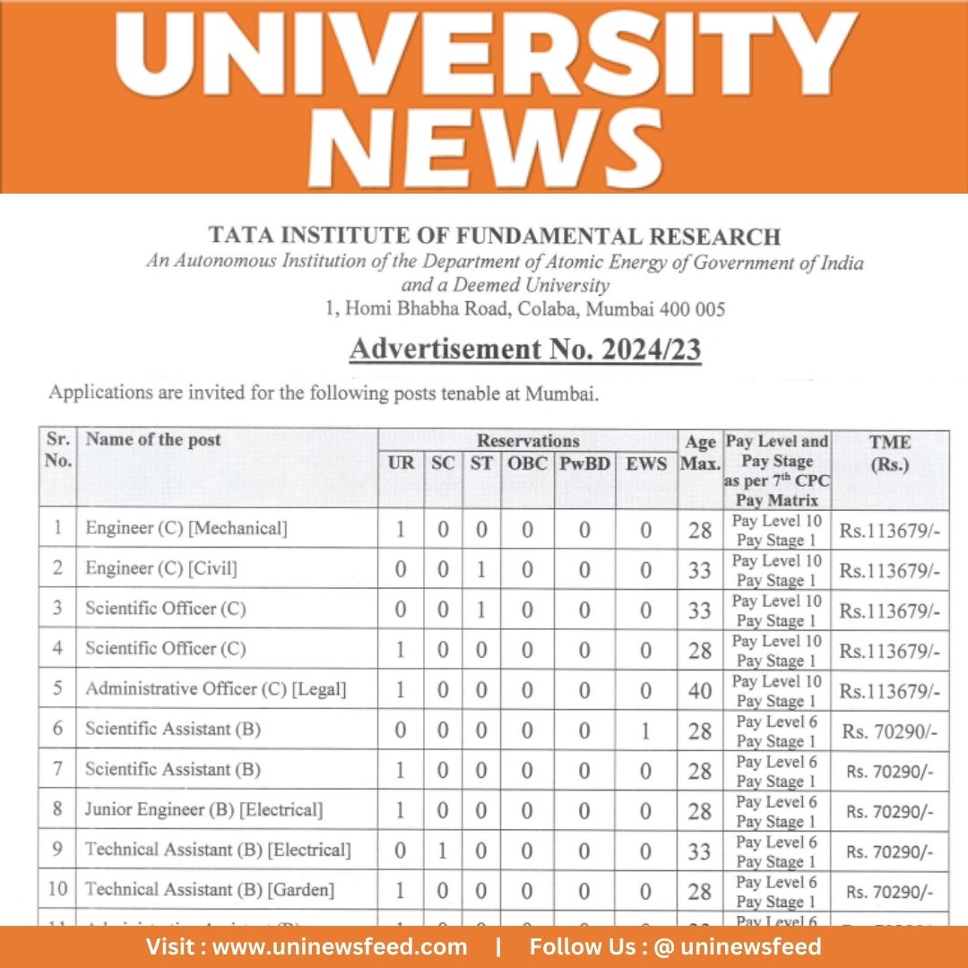 Tata Institute of Fundamental Research recruitment, TIFR jobs 2024, apply for TIFR positions, Mumbai jobs 2024, engineering jobs TIFR, administrative assistant vacancies, scientific officer positions, TIFR recruitment notice, online job applications TIFR